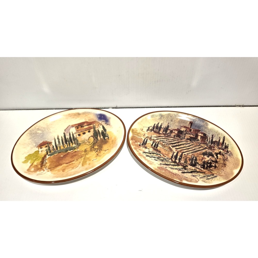 Williams Sonoma Villa Landscape Tuscan Brown Trim 8" Oval Plates (2)